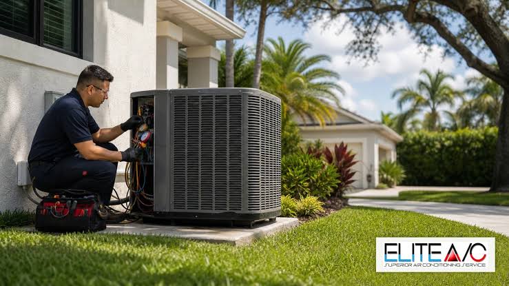 Technician servicing a residential outdoor air conditioner beside a landscaped home